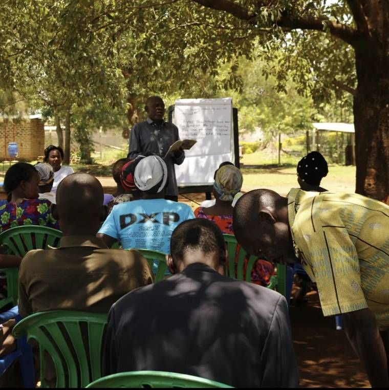 A community training session under a tree, with a speaker at a flip chart