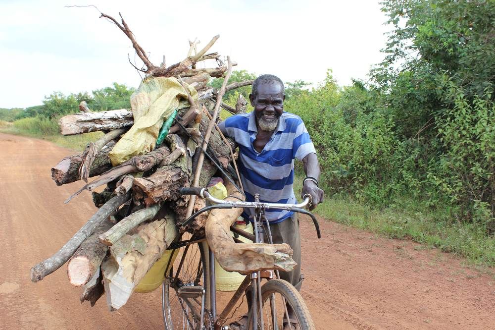 A man wheeling a bicycle loaded with firewood along a dirt road