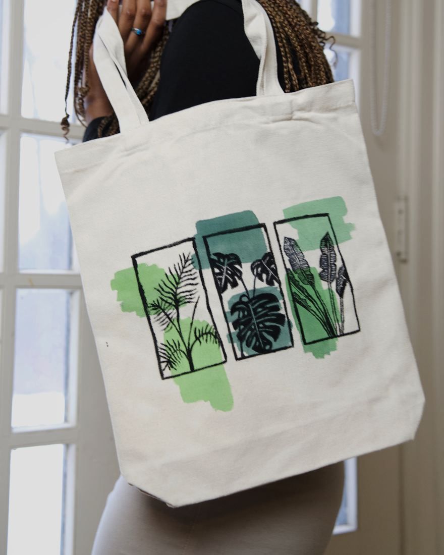 Greeny Green tote: three framed leaf studies on green washes